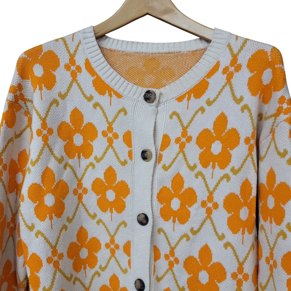 Womens Orange Floral Knit Cardigan Retro Sweater Small 70s Style Flower Power
